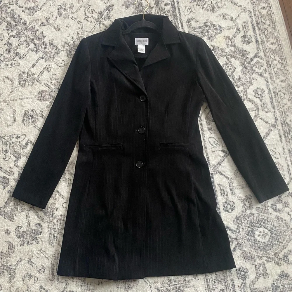 Vtg Y2K Fashion Bug Black White Pinstriped Fitted Long Suit Blazer Soft Jacket S